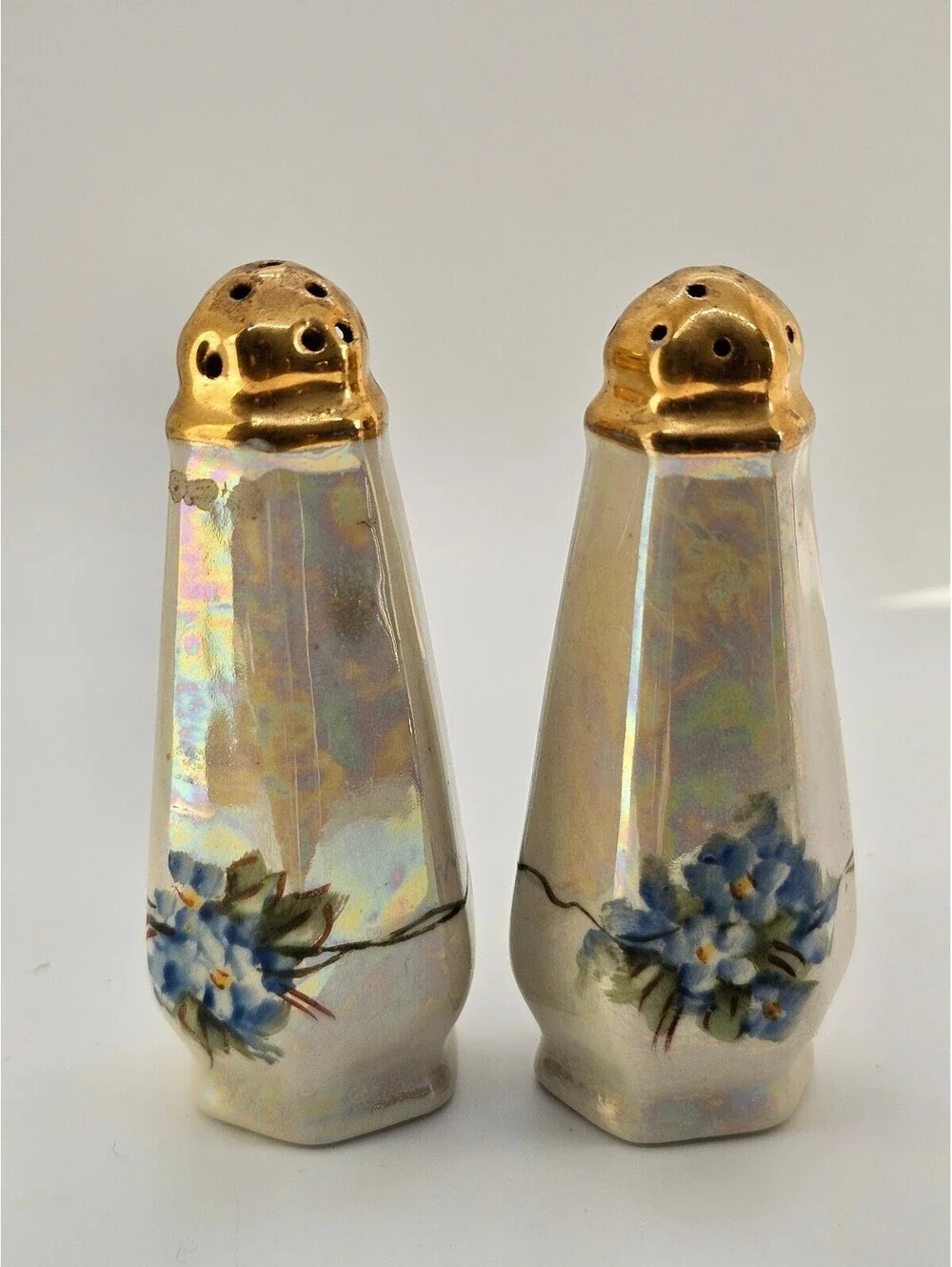 Vintage Lusterware Salt & Pepper Shaker | Hand-Painted Blue Forget-Me-Not Floral